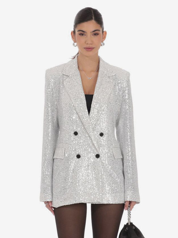 Women Notched Lapel Double Breasted Sequin Oversized Blazer Jacket