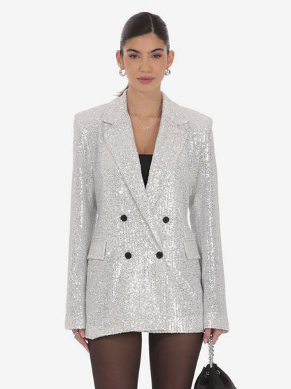 Women Notched Lapel Double Breasted Sequin Oversized Blazer Jacket