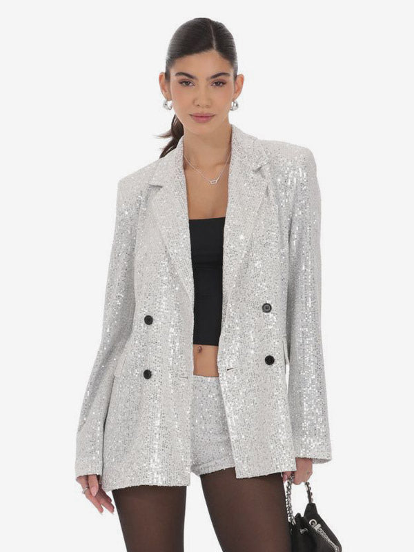 Women Notched Lapel Double Breasted Sequin Oversized Blazer Jacket