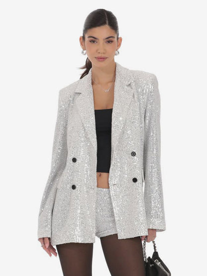 Women Notched Lapel Double Breasted Sequin Oversized Blazer Jacket