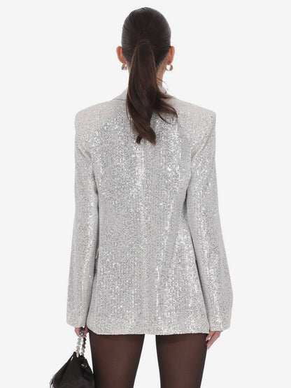 Women Notched Lapel Double Breasted Sequin Oversized Blazer Jacket