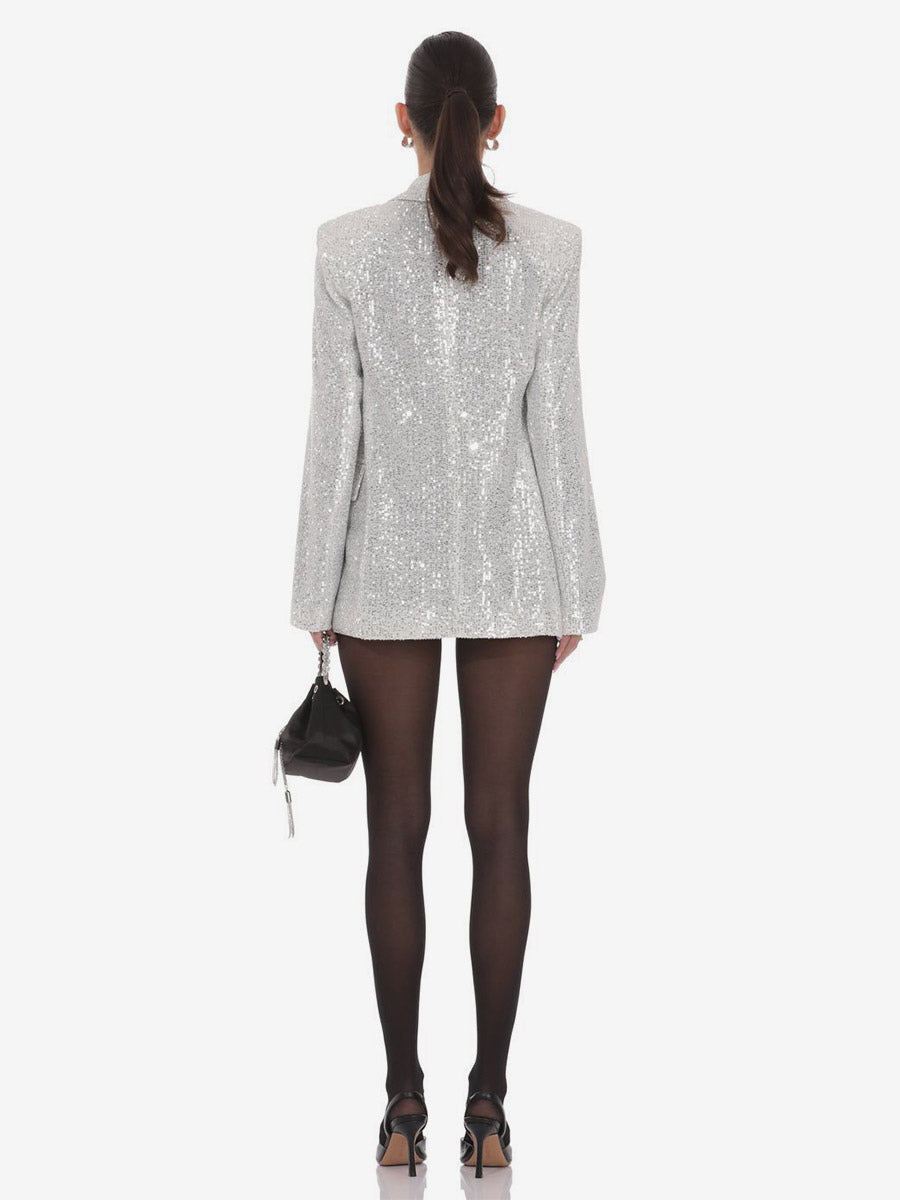 Women Notched Lapel Double Breasted Sequin Oversized Blazer Jacket