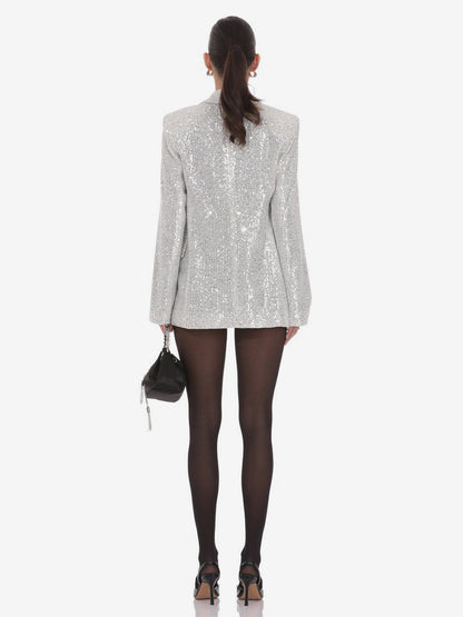 Women Notched Lapel Double Breasted Sequin Oversized Blazer Jacket