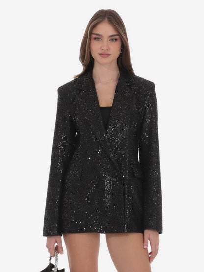 Women Notched Lapel Double Breasted Sequin Oversized Blazer Jacket