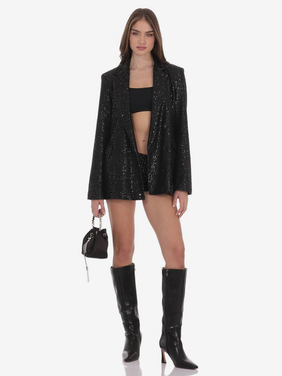 Women Notched Lapel Double Breasted Sequin Oversized Blazer Jacket