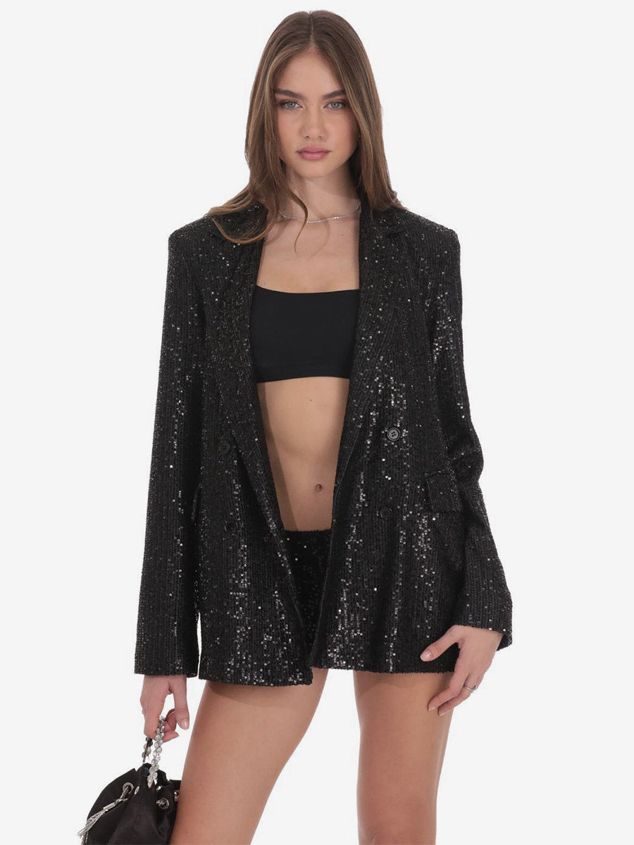 Women Notched Lapel Double Breasted Sequin Oversized Blazer Jacket