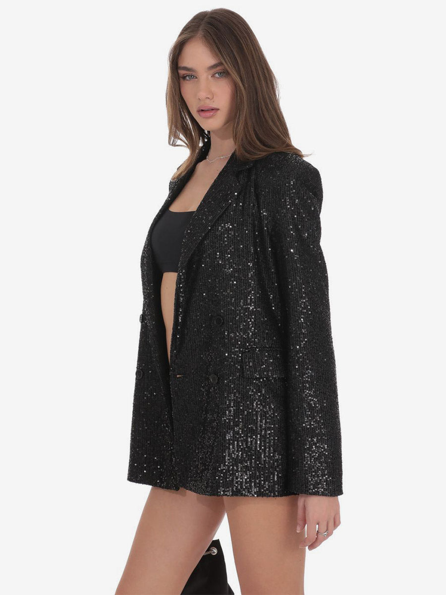 Women Notched Lapel Double Breasted Sequin Oversized Blazer Jacket