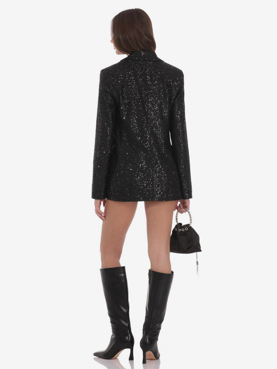 Women Notched Lapel Double Breasted Sequin Oversized Blazer Jacket