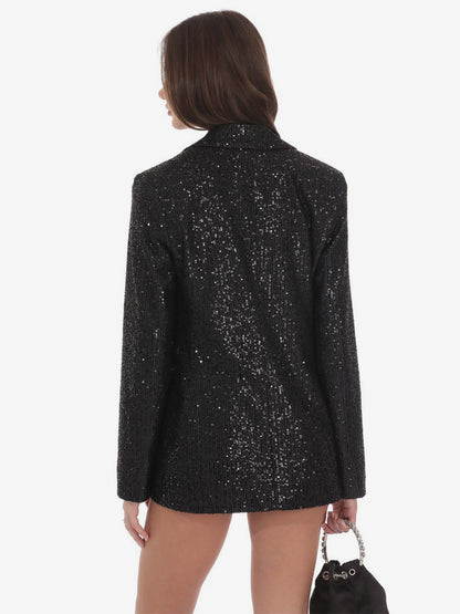 Women Notched Lapel Double Breasted Sequin Oversized Blazer Jacket