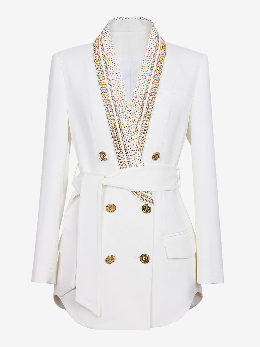 Women Gold Beaded Shawl Lapel Double Breasted Long Sleeve Blazer Jacket