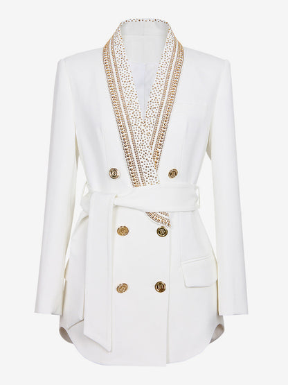 Women Gold Beaded Shawl Lapel Double Breasted Long Sleeve Blazer Jacket