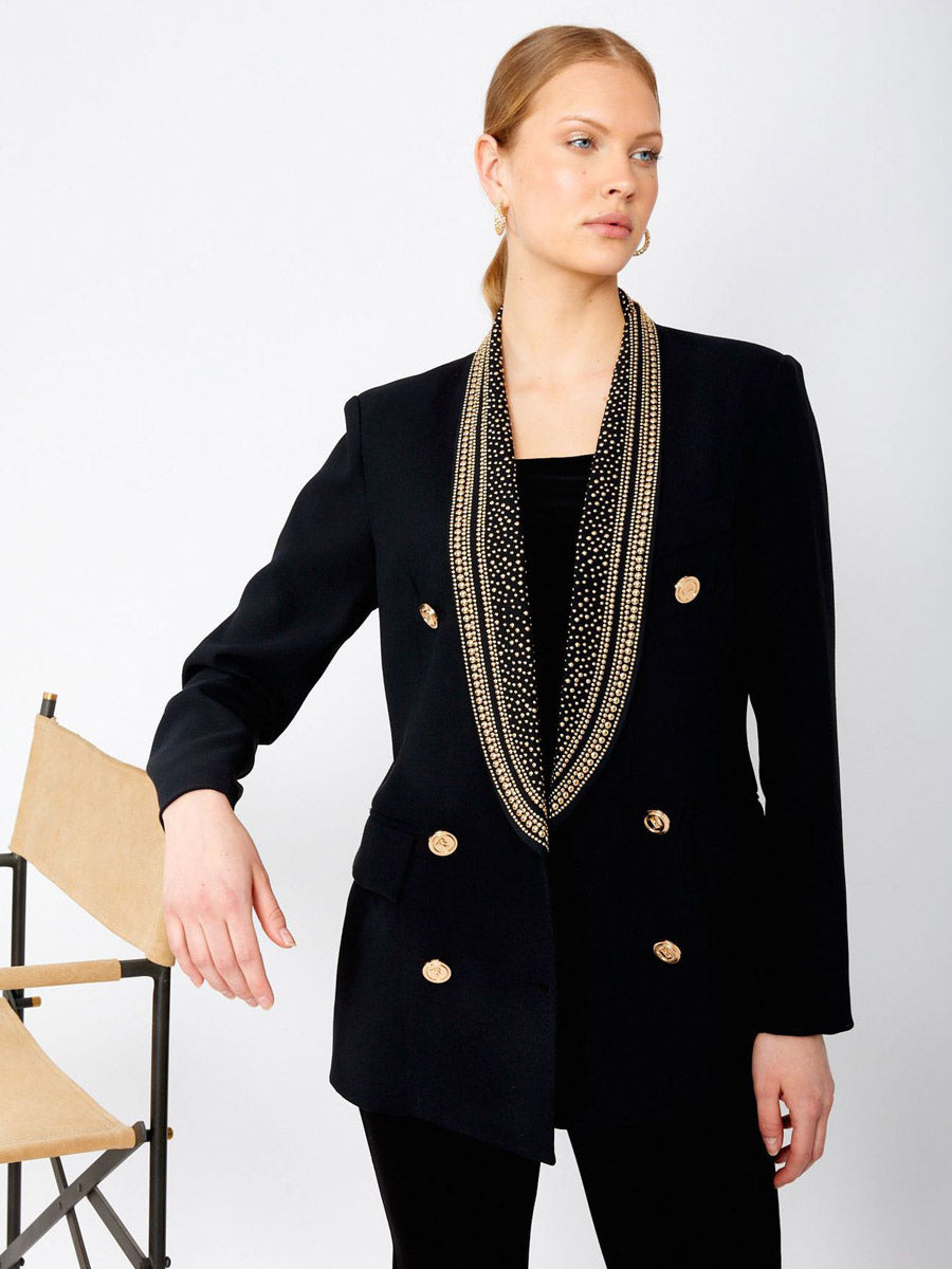 Women Gold Beaded Shawl Lapel Double Breasted Long Sleeve Blazer Jacket