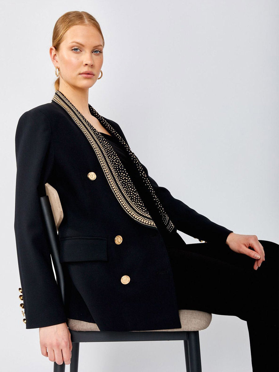 Women Gold Beaded Shawl Lapel Double Breasted Long Sleeve Blazer Jacket