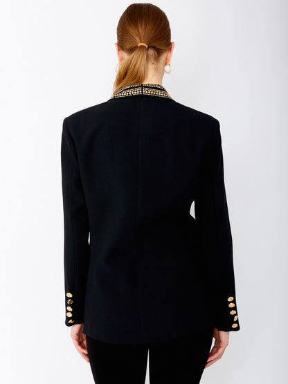 Women Gold Beaded Shawl Lapel Double Breasted Long Sleeve Blazer Jacket