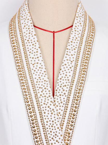Women Gold Beaded Shawl Lapel Double Breasted Long Sleeve Blazer Jacket