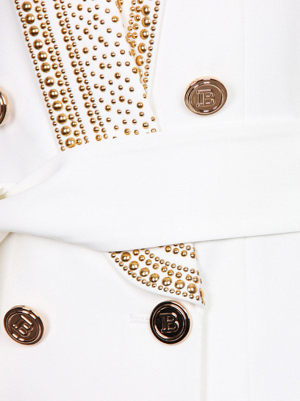 Women Gold Beaded Shawl Lapel Double Breasted Long Sleeve Blazer Jacket