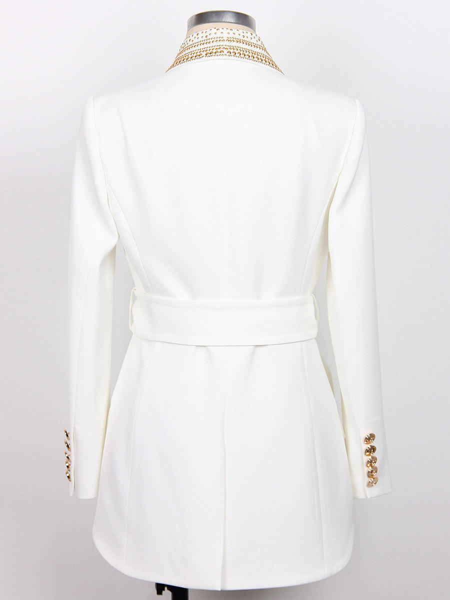 Women Gold Beaded Shawl Lapel Double Breasted Long Sleeve Blazer Jacket