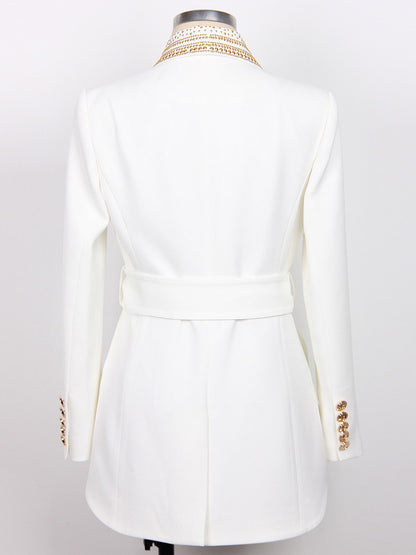 Women Gold Beaded Shawl Lapel Double Breasted Long Sleeve Blazer Jacket