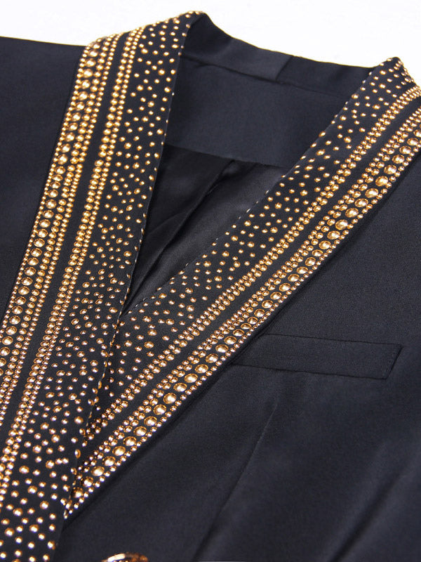 Women Gold Beaded Shawl Lapel Double Breasted Long Sleeve Blazer Jacket
