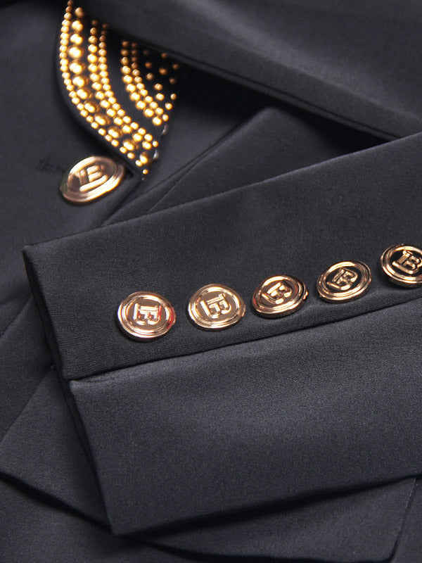 Women Gold Beaded Shawl Lapel Double Breasted Long Sleeve Blazer Jacket