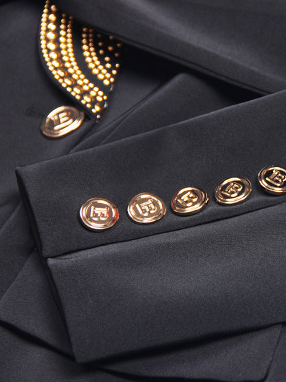 Women Gold Beaded Shawl Lapel Double Breasted Long Sleeve Blazer Jacket