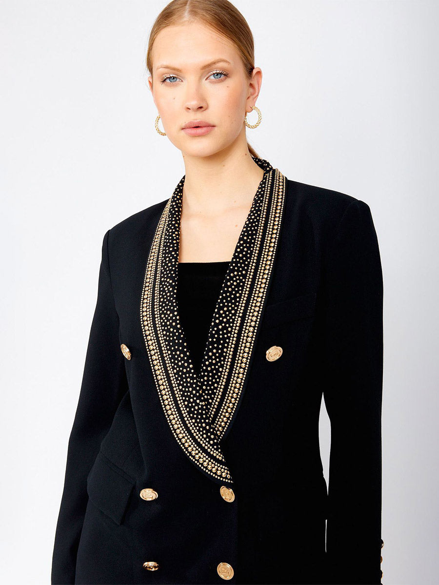 Women Gold Beaded Shawl Lapel Double Breasted Long Sleeve Blazer Jacket