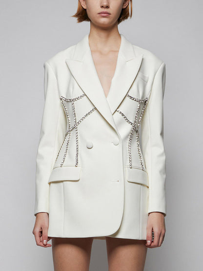 Women Notched Lapel Rhinestone Chain Cutout Mini Blazer Dress