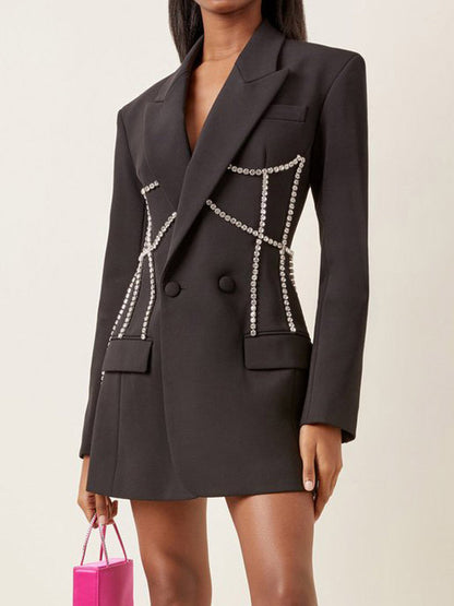 Women Notched Lapel Rhinestone Chain Cutout Mini Blazer Dress