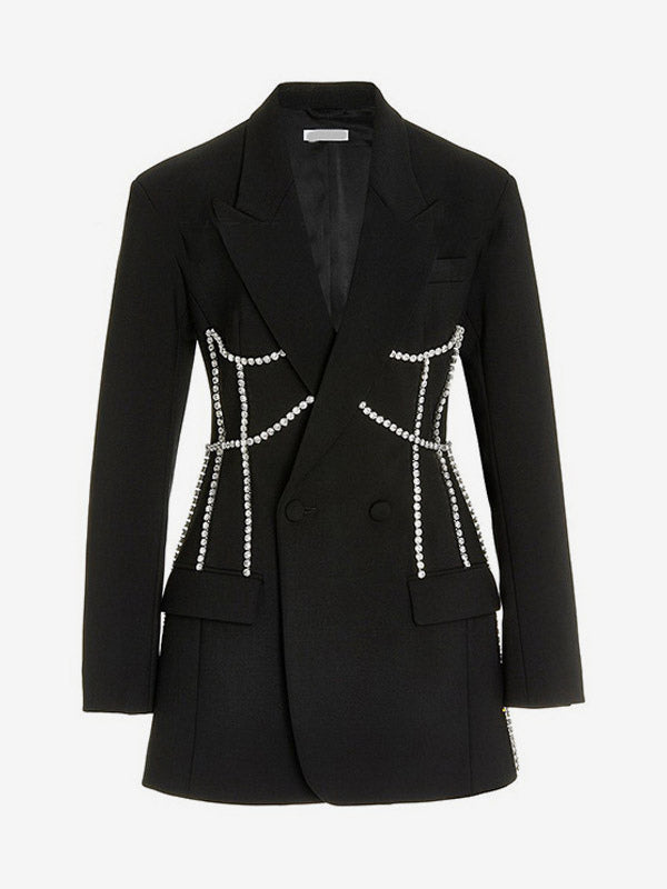 Women Notched Lapel Rhinestone Chain Cutout Mini Blazer Dress