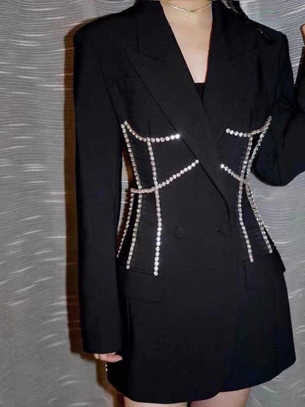 Women Notched Lapel Rhinestone Chain Cutout Mini Blazer Dress