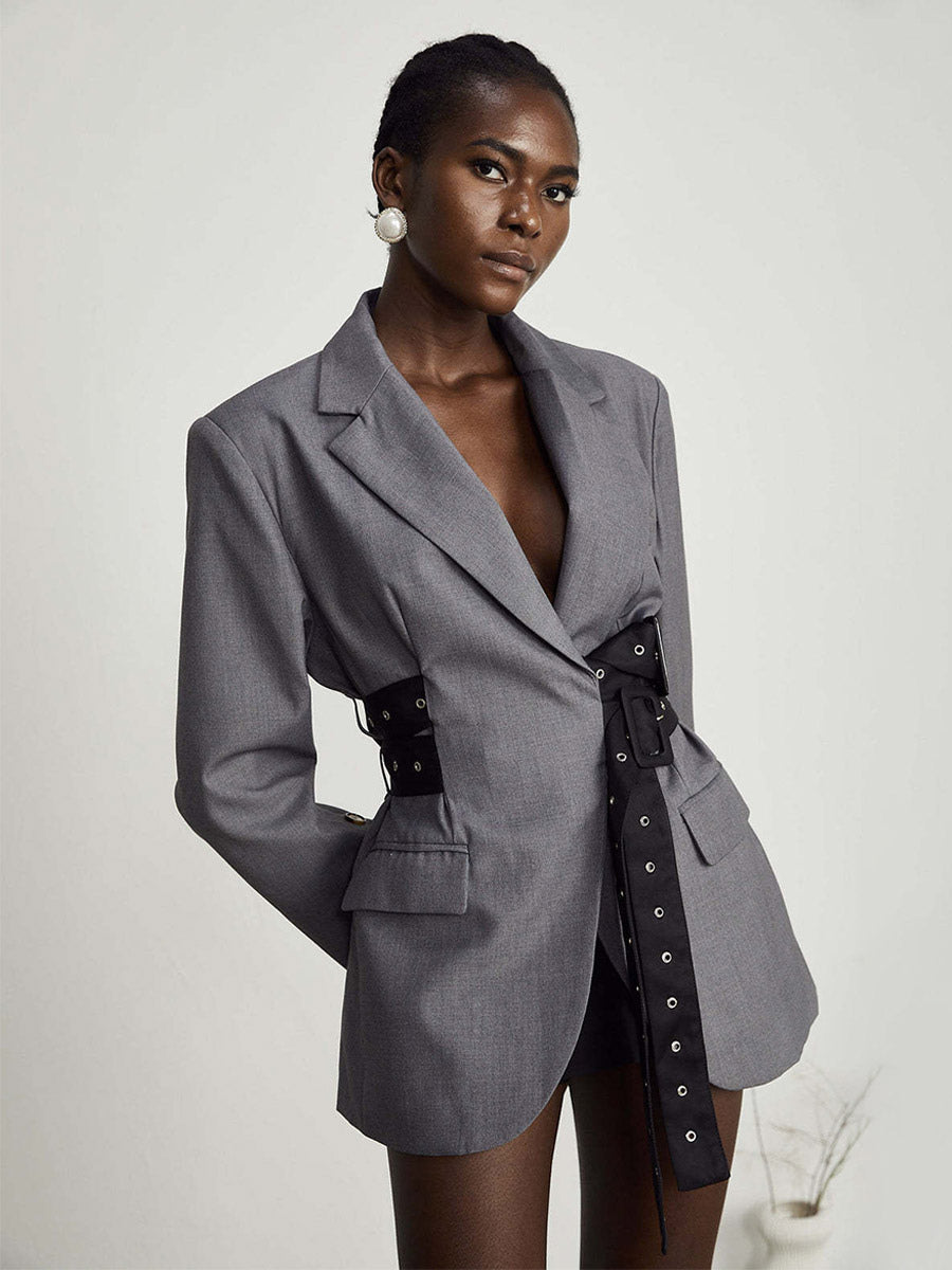 Women Notched Lapel Belted Rivet Strap Cinched Waist Blazer Mini Dress
