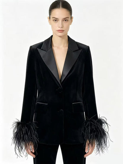 Women Satin Lapel Velvet Blazer With Feather Cuff Trim