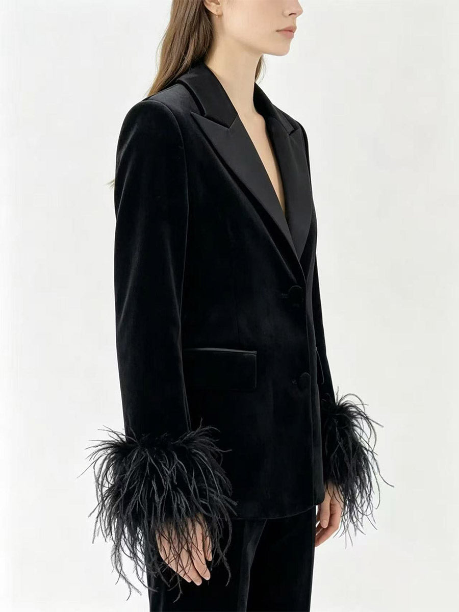 Women Satin Lapel Velvet Blazer With Feather Cuff Trim