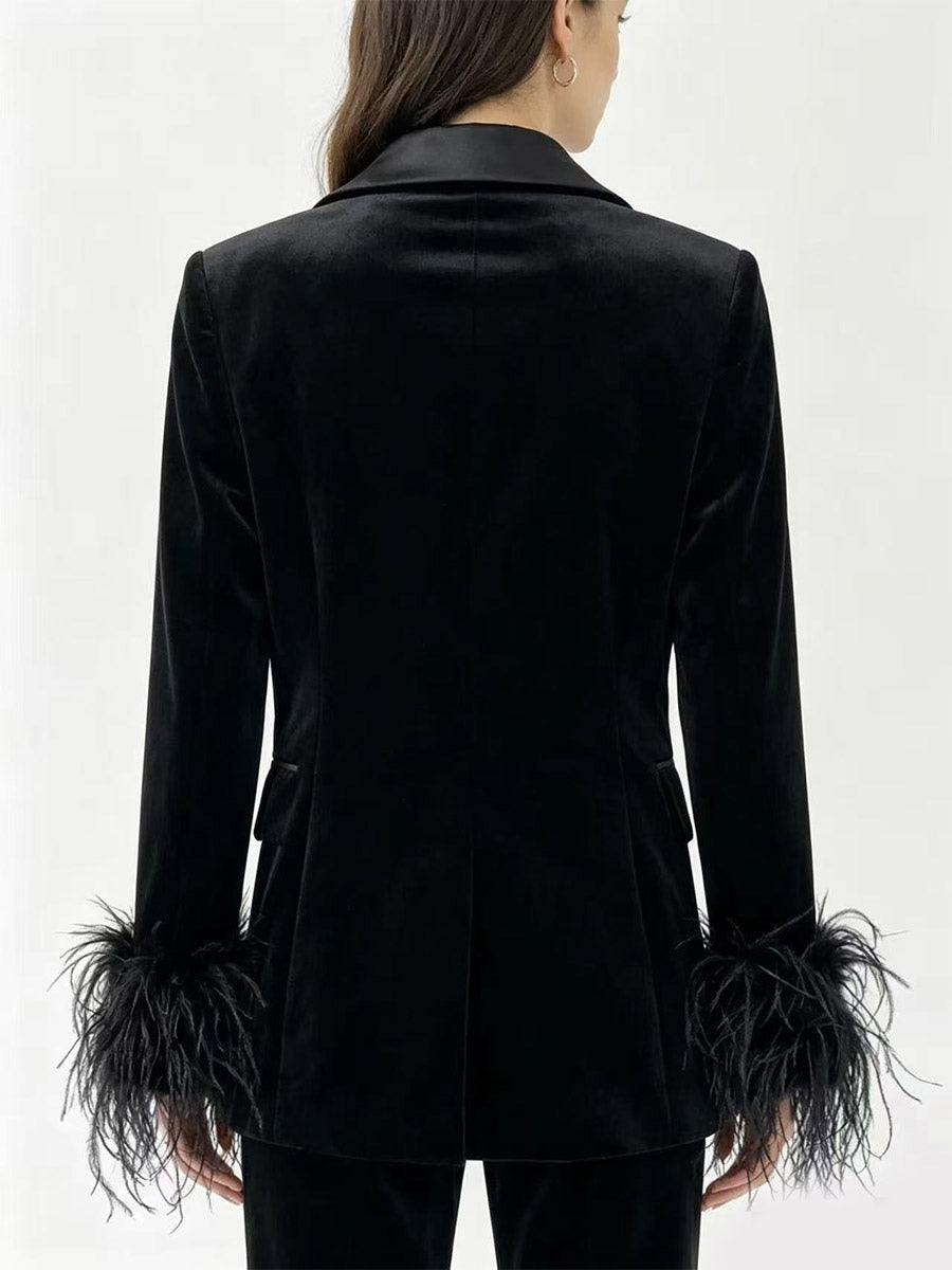 Women Satin Lapel Velvet Blazer With Feather Cuff Trim