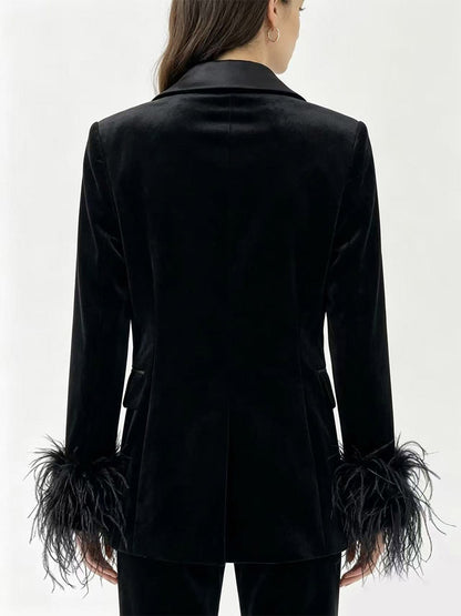Women Satin Lapel Velvet Blazer With Feather Cuff Trim