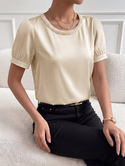 Champagne Glossy Silk Satin Pearl Trim Crew Neck Short Sleeve Bodysuit