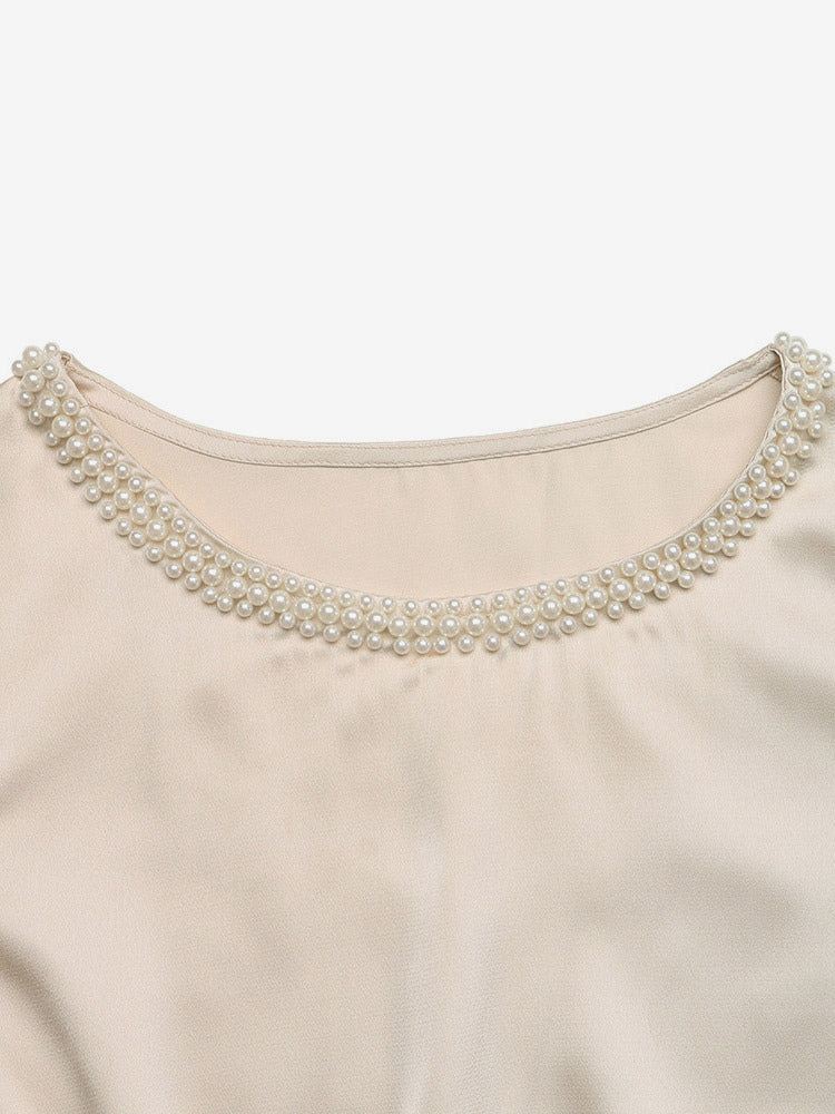 Champagne Glossy Silk Satin Pearl Trim Crew Neck Short Sleeve Bodysuit
