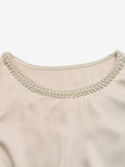 Champagne Glossy Silk Satin Pearl Trim Crew Neck Short Sleeve Bodysuit