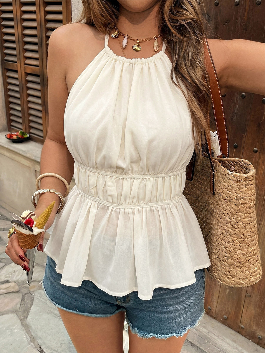 Light Apricot Cami Top Jewel Neck Lace Up Backless Sexy Women Camis