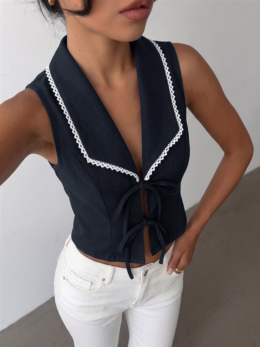 Shirt For Women Deep Blue Color Block Lace Up Turndown Collar Sexy Sleeveless Tops