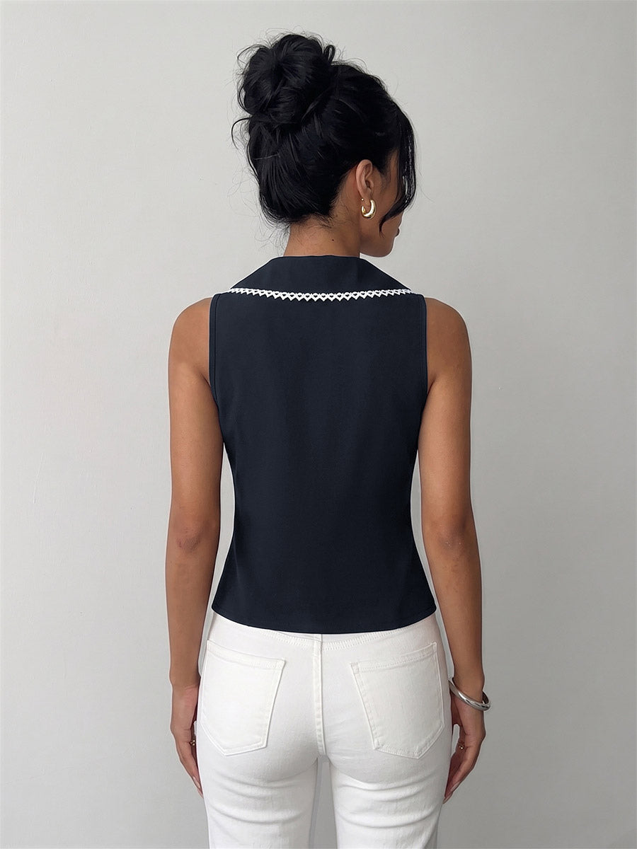 Shirt For Women Deep Blue Color Block Lace Up Turndown Collar Sexy Sleeveless Tops