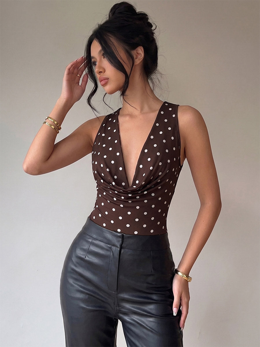 Sleeveless Bodysuit Deep Brown V-Neck Polka Dot Sexy Polyester Women Top