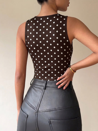 Sleeveless Bodysuit Deep Brown V-Neck Polka Dot Sexy Polyester Women Top