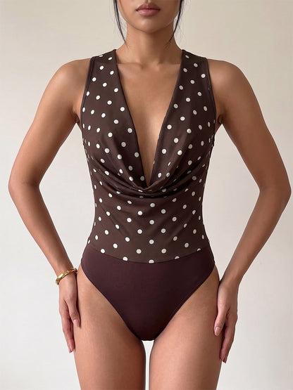 Sleeveless Bodysuit Deep Brown V-Neck Polka Dot Sexy Polyester Women Top