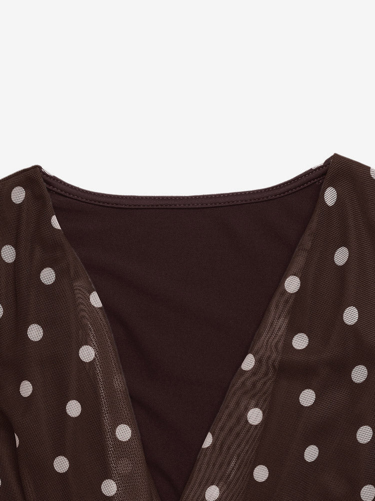 Sleeveless Bodysuit Deep Brown V-Neck Polka Dot Sexy Polyester Women Top