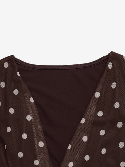 Sleeveless Bodysuit Deep Brown V-Neck Polka Dot Sexy Polyester Women Top