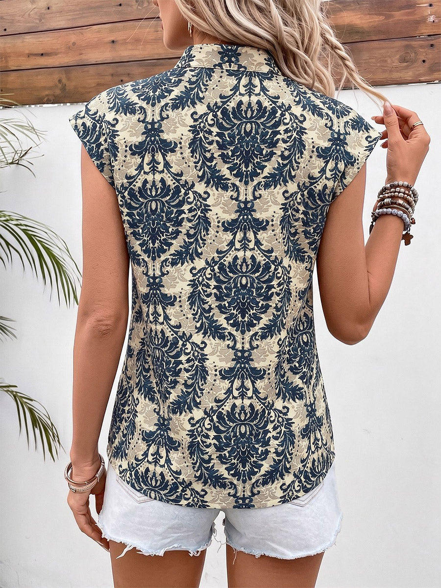 Blouse For Women Deep Blue Printed Stand Collar Chic Sleeveless Tops