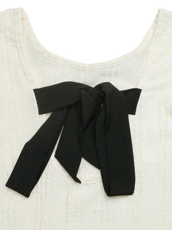 Cream White Vertical Rib Knit Flutter Sleeve Back Cutout Bow Blouse