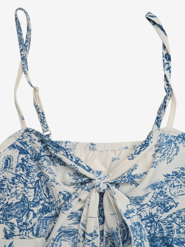 Blue Cami Top Straps Neck Lace Up Backless Chic Printed Women Camis