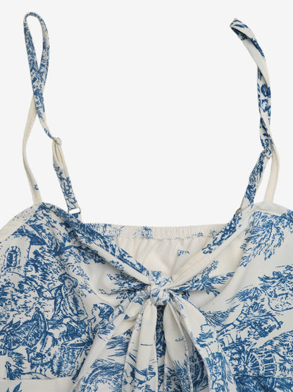 Blue Cami Top Straps Neck Lace Up Backless Chic Printed Women Camis
